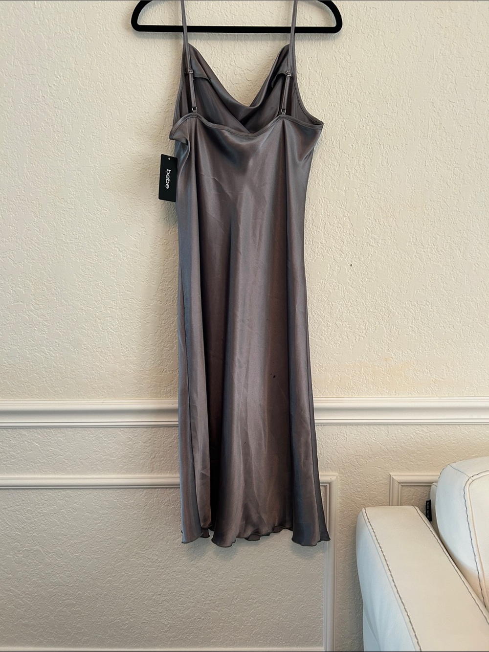 bebe- Satin Cowl Neck Slip Dress in Shimmery Charcoal - Picture 2 of 4